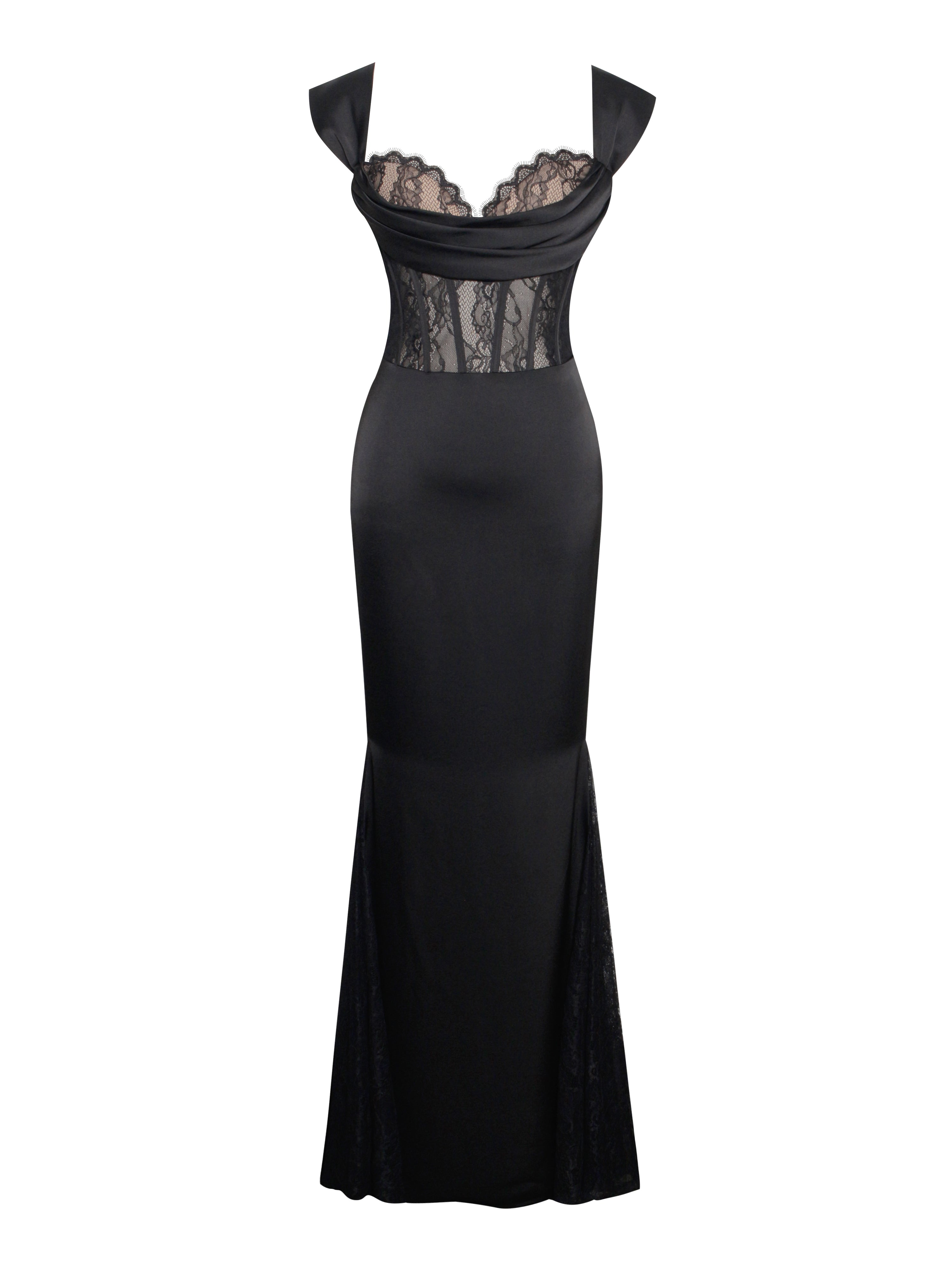 Callista Black Satin Charming Lace Corset Maxi Dress Dresses