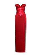 Kadesha Red Crystal High Graceful Slit Satin Corset Gown Dresses