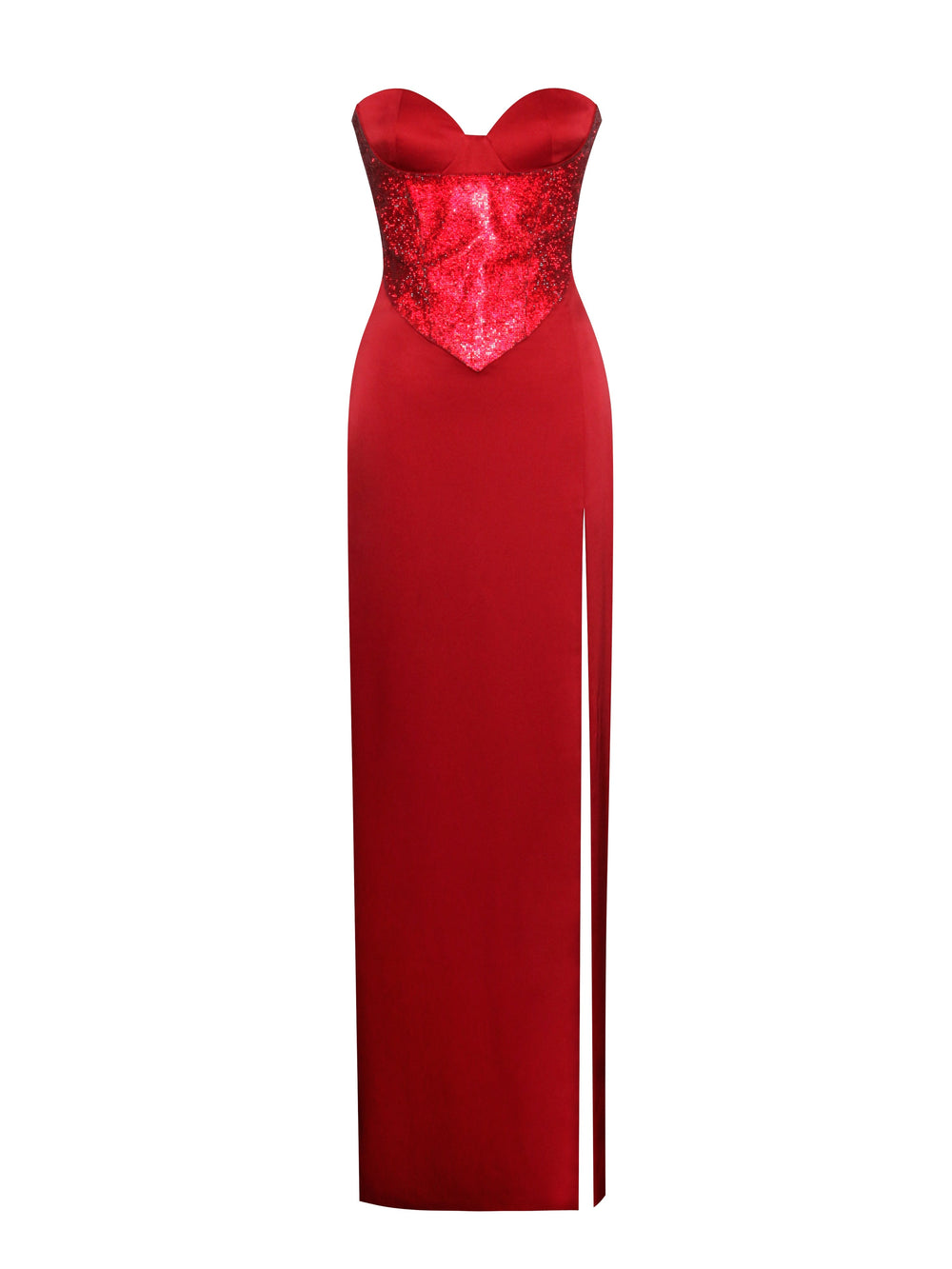 Kadesha Red Crystal High Graceful Slit Satin Corset Gown Dresses