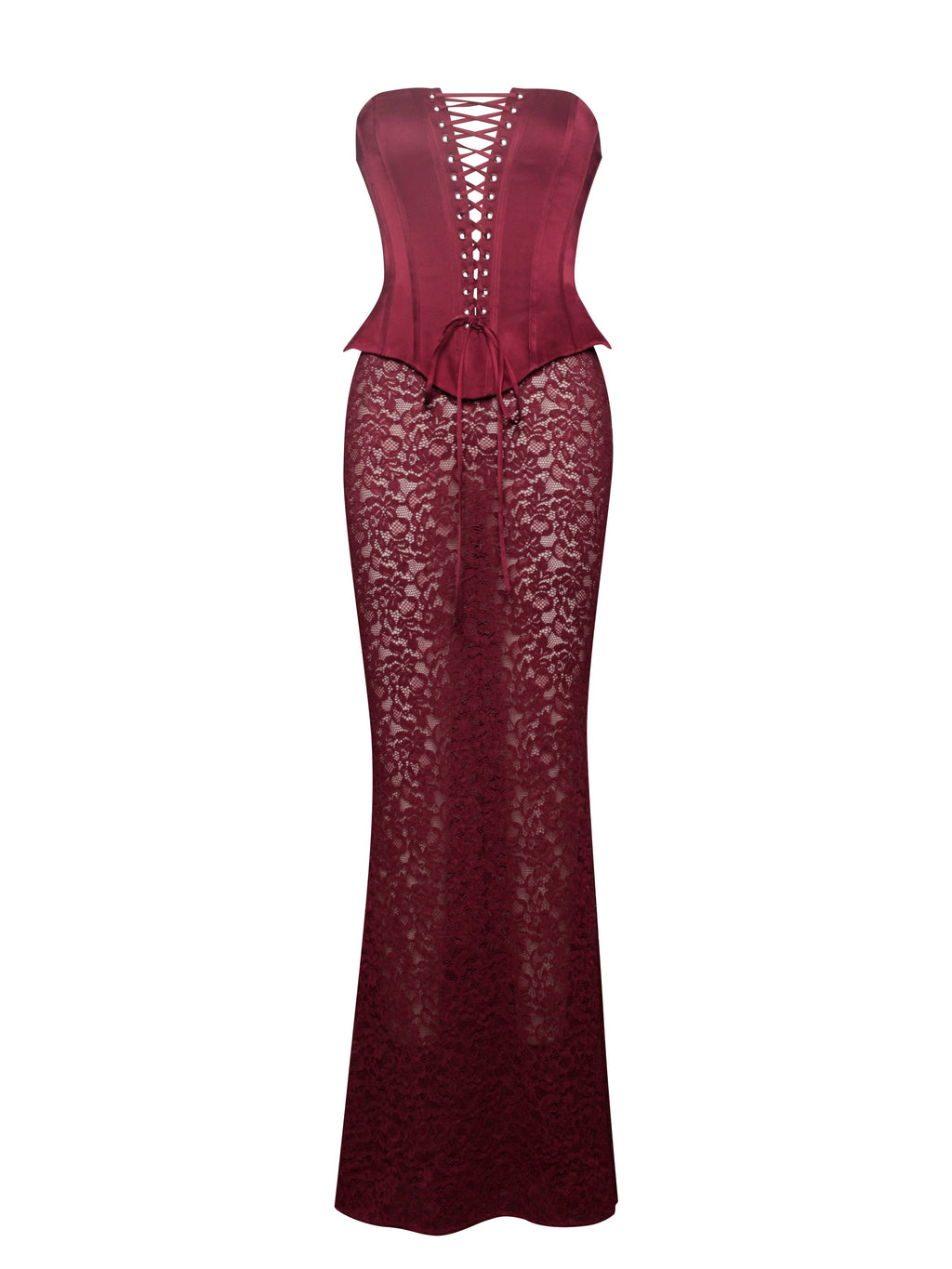 Lucinda Burgundy Satin Charming Lace Corset Maxi Dress Dresses