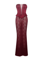 Lucinda Burgundy Satin Charming Lace Corset Maxi Dress Dresses