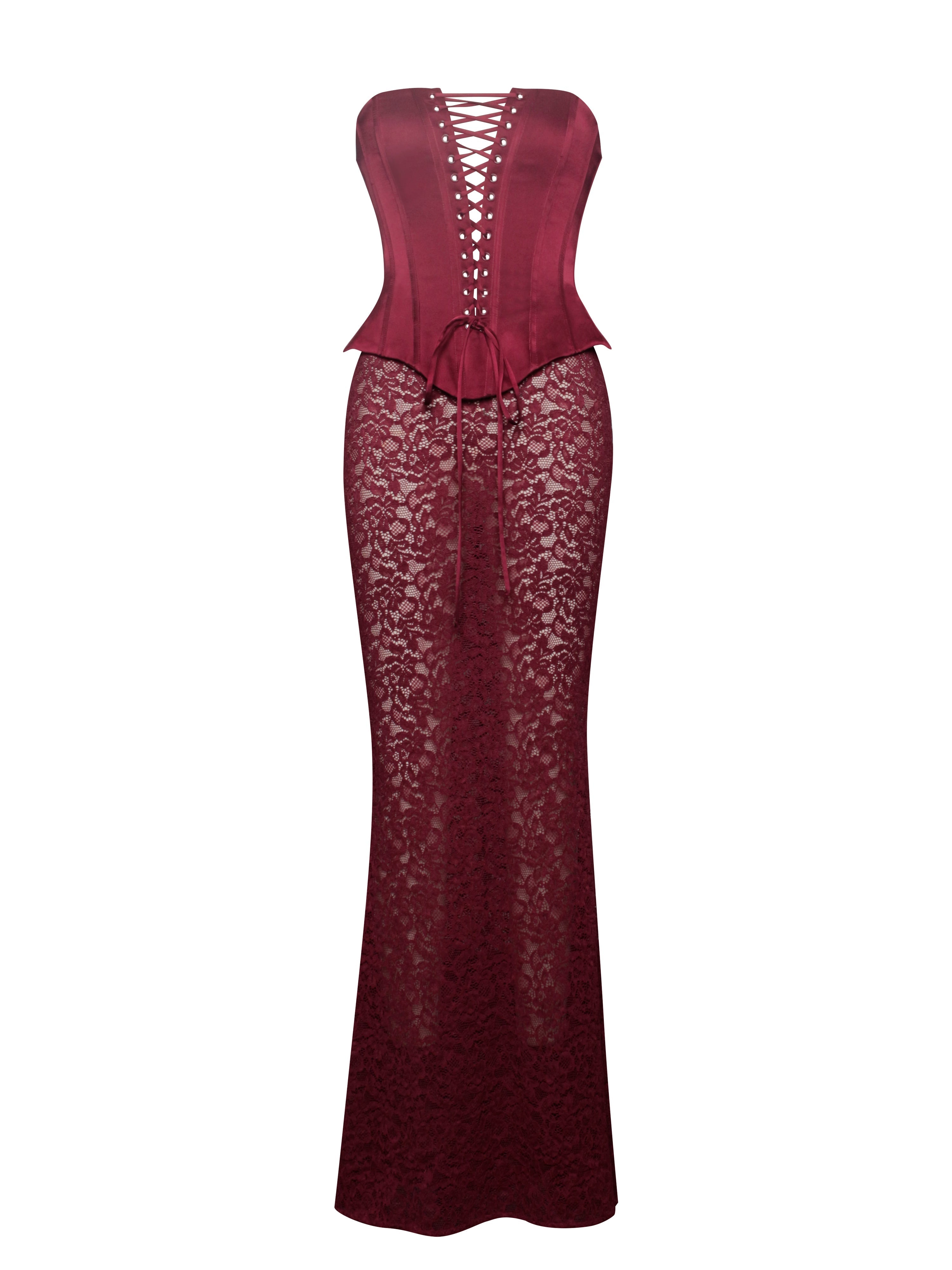 Lucinda Burgundy Satin Charming Lace Corset Maxi Dress Dresses