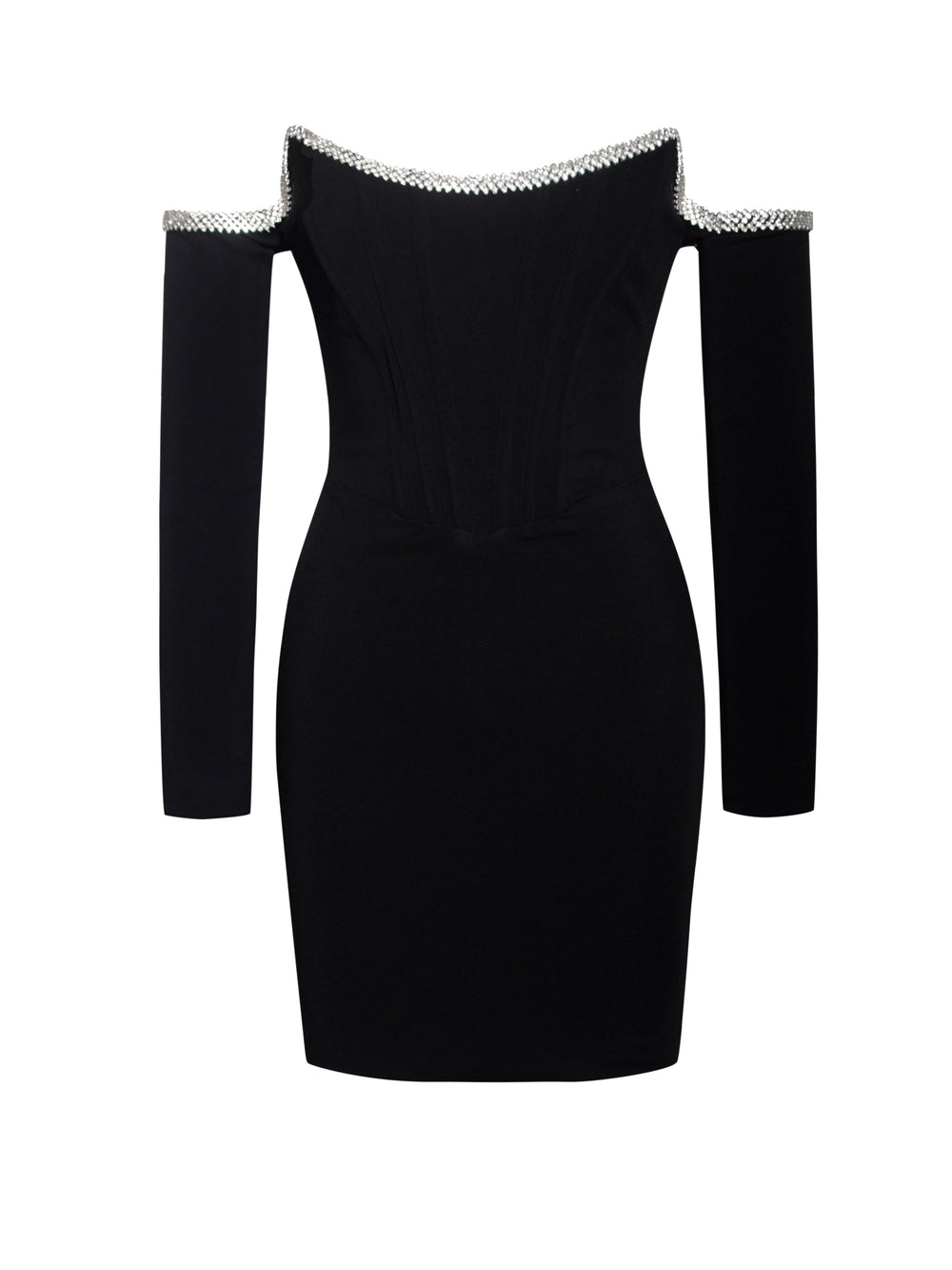 Annika Black Off Shoulder Long Trendy Sleeve Corset Dress With Crystal Trim Dresses