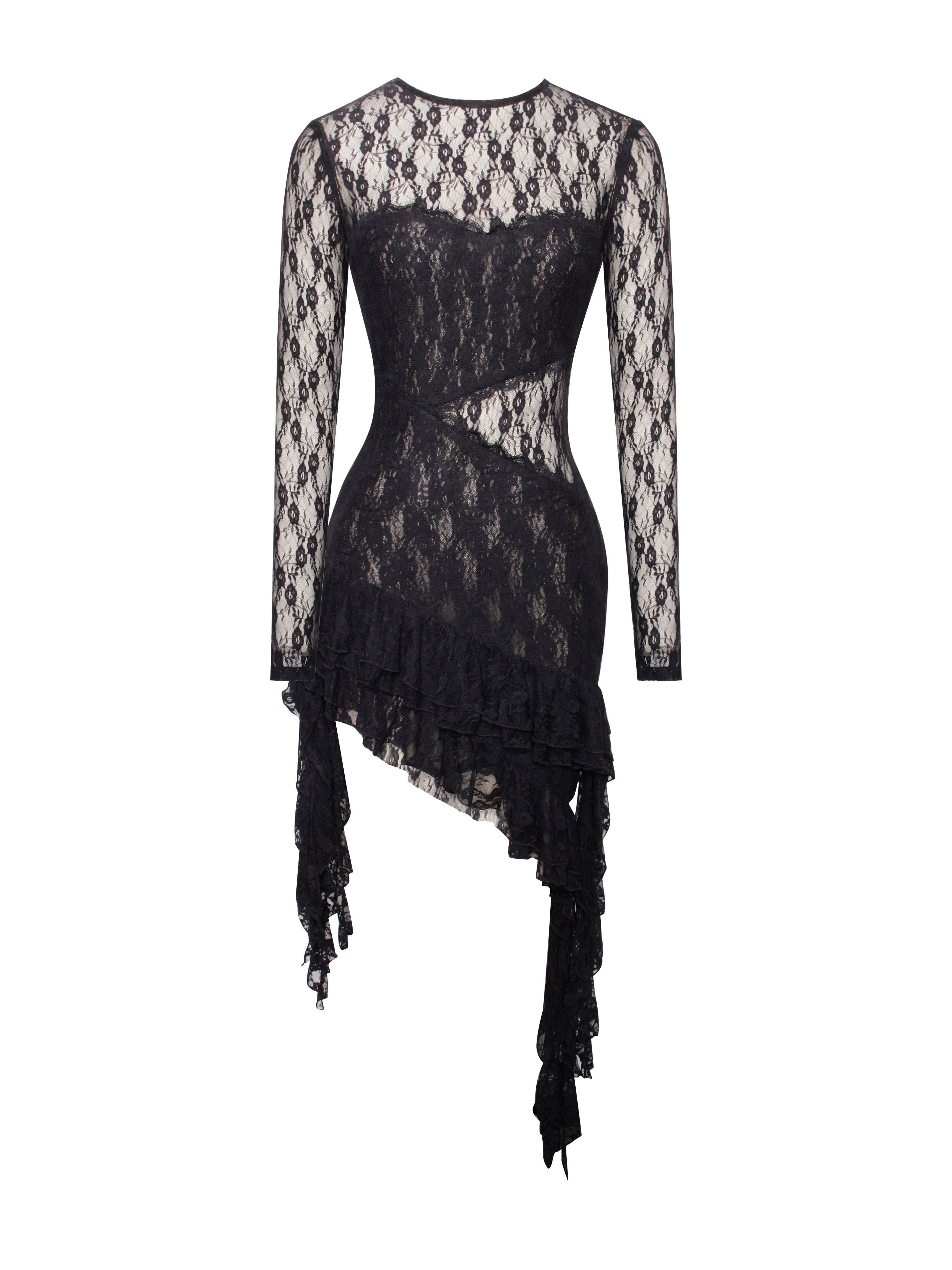 Omaira Black Lace Charming Long Sleeve Ruffle Dress Dresses