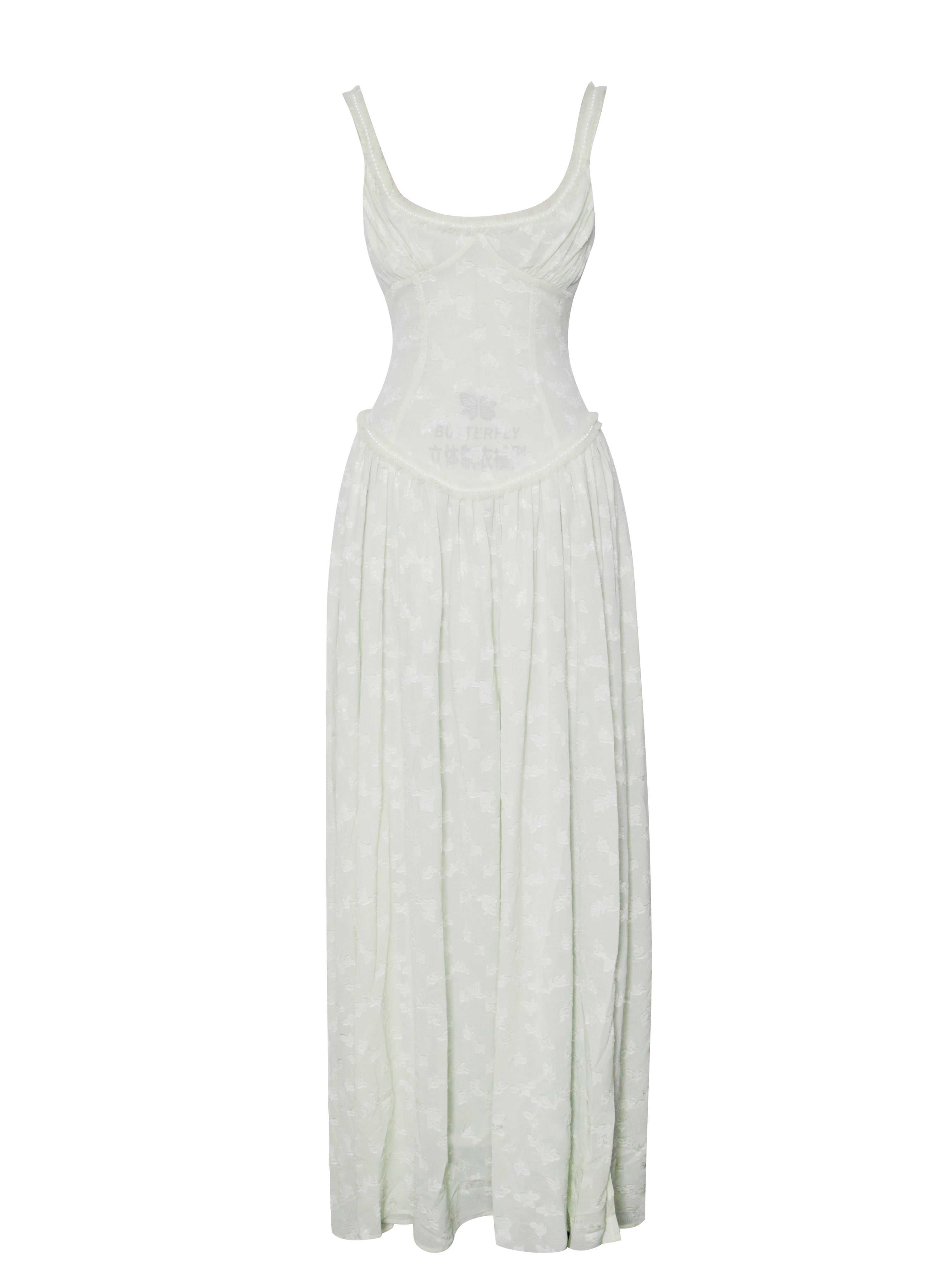 Ulissa Light Green Square Neck Trendy Jacquard Textured High Slit Maxi Dress Dresses