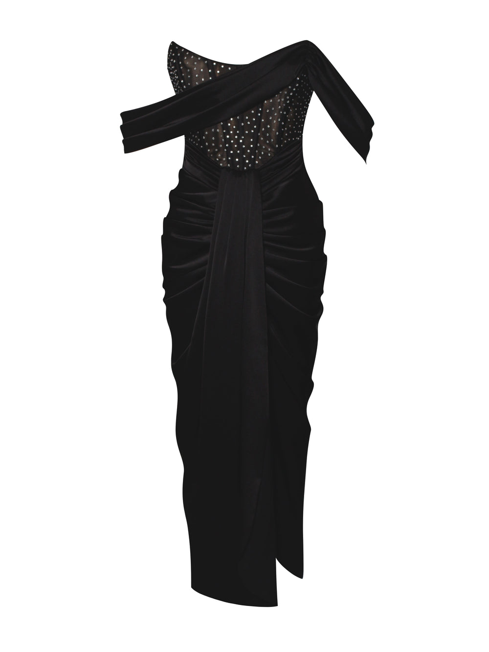 Stella Black Off Shoulder Graceful Crystal Corset Satin Gown Dresses