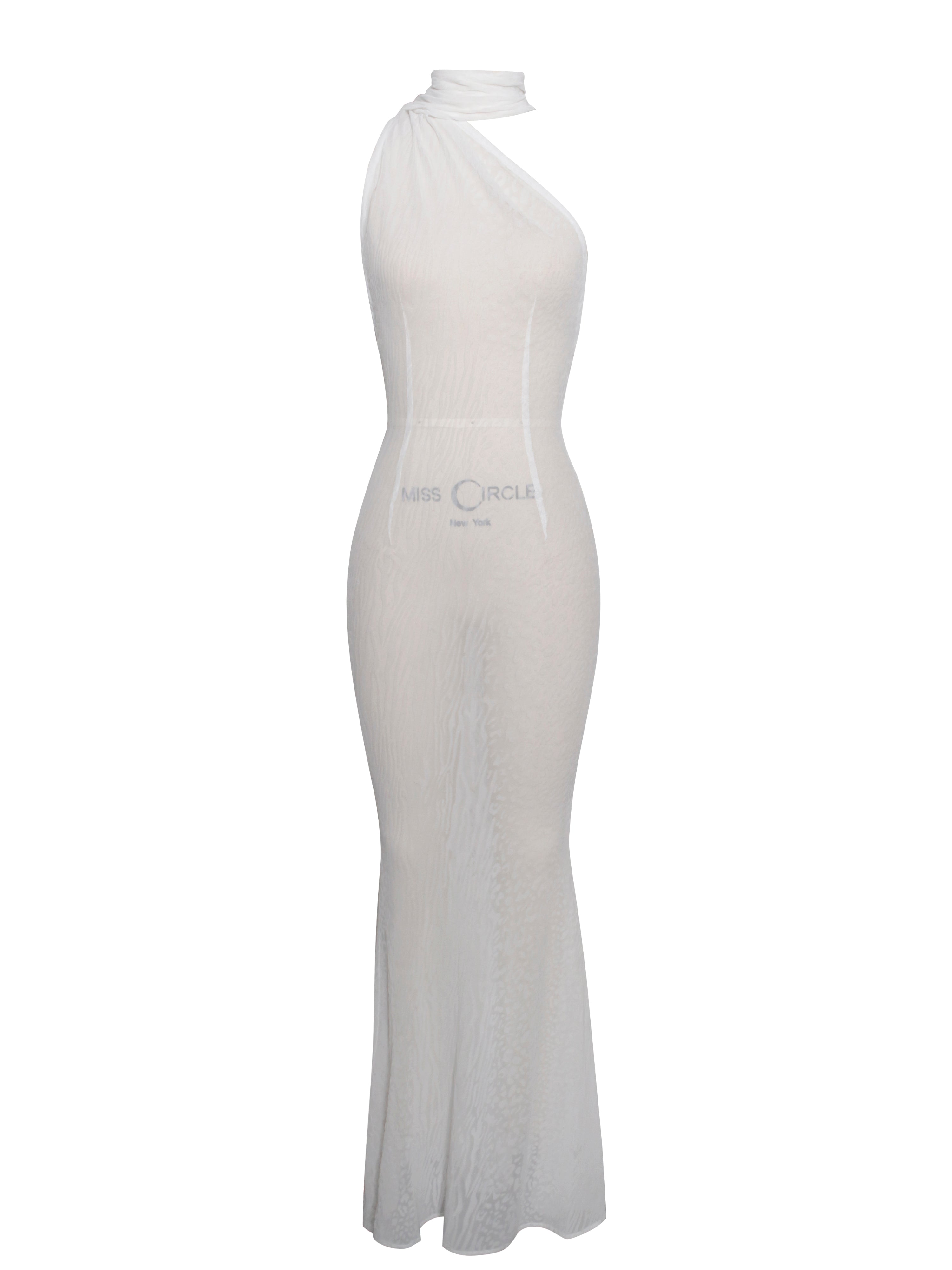 Olena White Burnout Velvet Animal Trendy Print Mesh Halter Neck Maxi Dress Dresses
