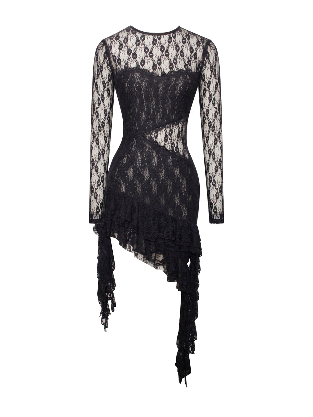 Omaira Black Lace Charming Long Sleeve Ruffle Dress Dresses