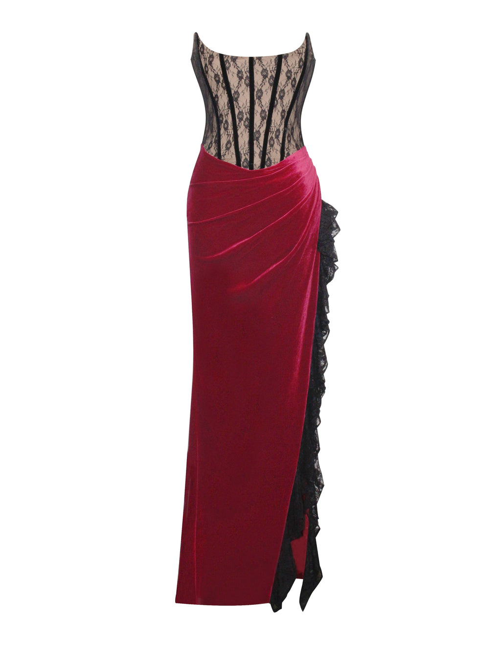 Gaia Burgundy Lace Velvet Graceful Corset Side Slit Dress Dresses