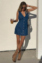 Button Front Tie Back Denim Mini Dress