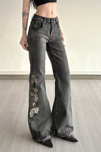 Sequin Embroidered Low Rise Wide Flare Leg Jeans