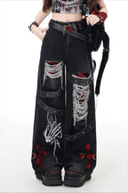 Gothic Ripped Strap Embellished Barrel Leg Jeans