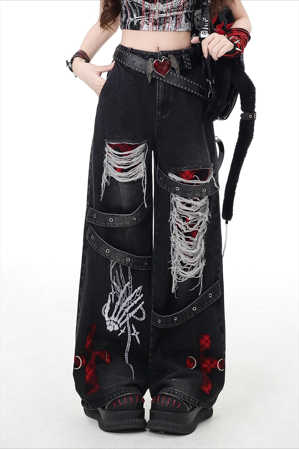 Gothic Ripped Strap Embellished Barrel Leg Jeans