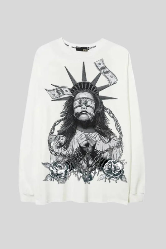 Statue Money Graphic Oversized Crew Neck Sweatshirt