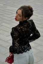 Pearl Button Sheer Lace Long Sleeve Blouse
