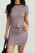 Pink Striped Round Neck Tie Bodycon Skirt Set