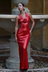 Backless Floral Applique Party Dress