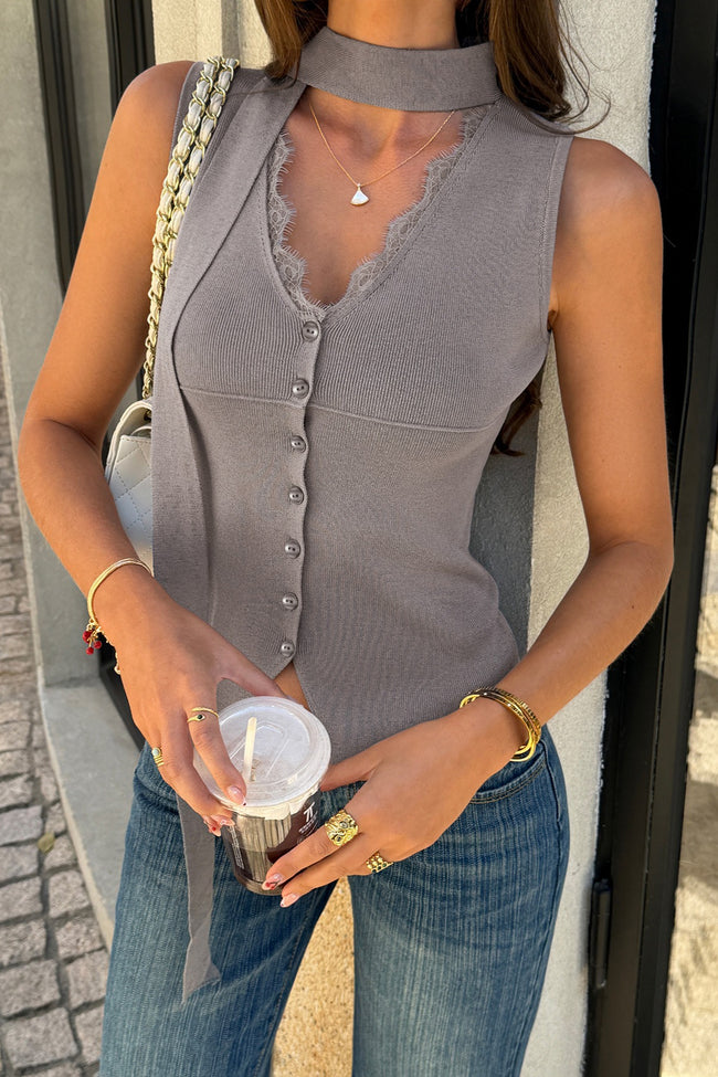 Grey Lace V Neck Button Knit Tank Top Main image