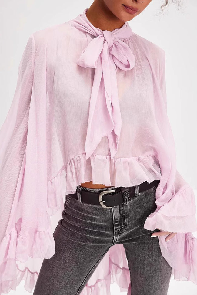 Sheer Flare Sleeve Tie Blouse Main image