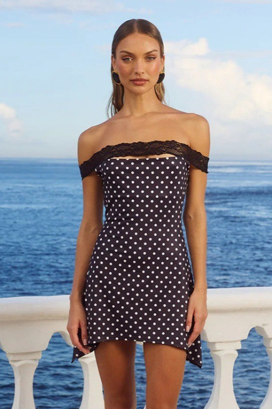 Off-Shoulder Lace Trim Polka Dot Bodycon Mini Dress Main image