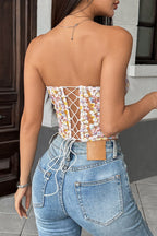 Floral Embroidery Boned Sheer Corset Tube Top