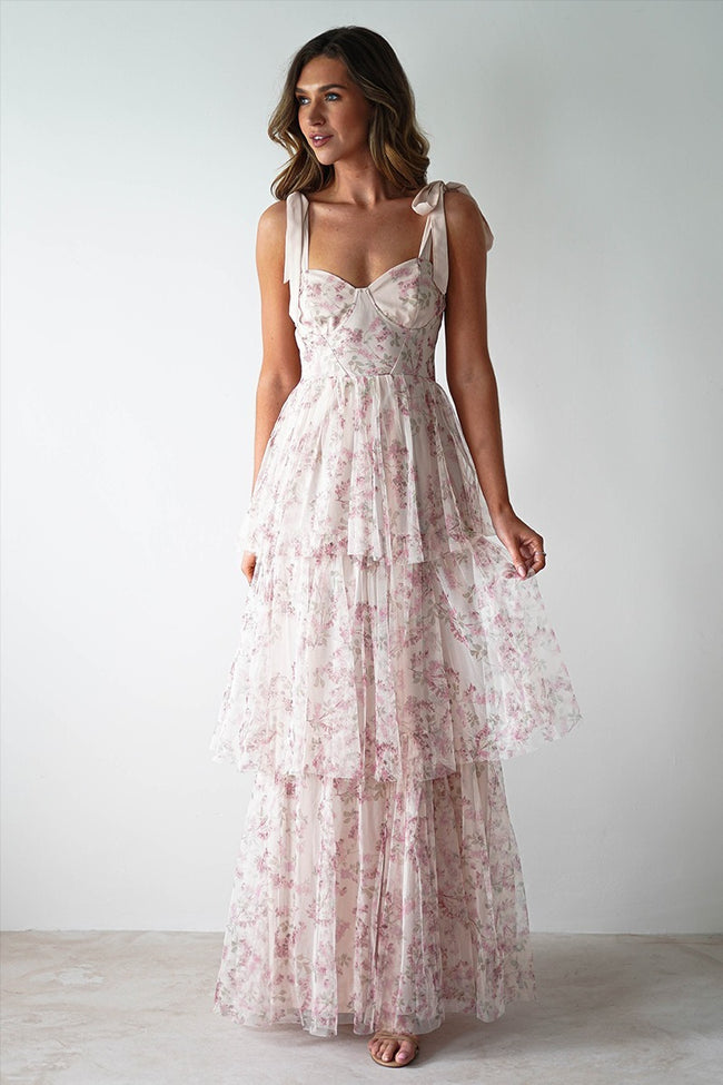 Pink Backless Strap Tiered Floral Dress Main image
