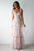 Pink Backless Strap Tiered Floral Dress