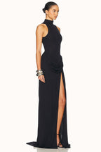 High Neck Ruched Side Slit Formal Dress