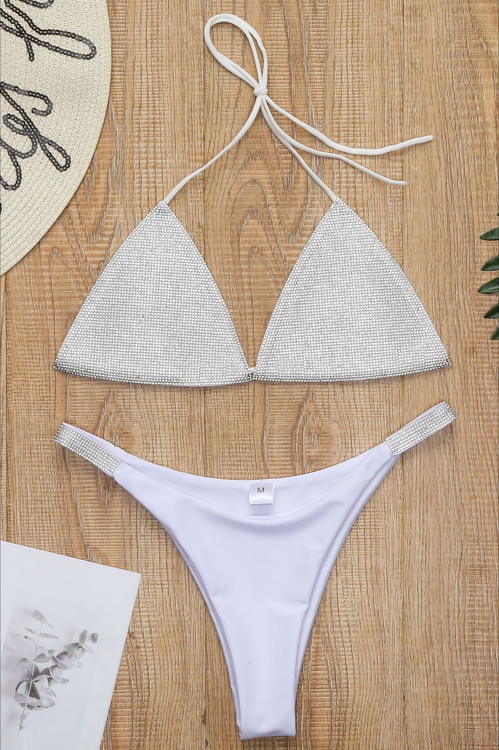Contrast Rhinestone Halter Triangle Bikini Set