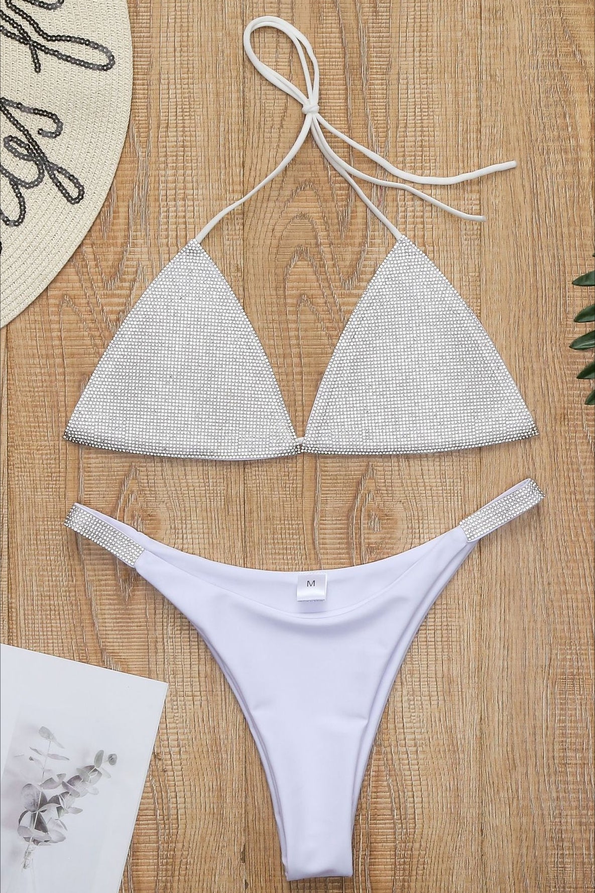 Contrast Rhinestone Halter Triangle Bikini Set