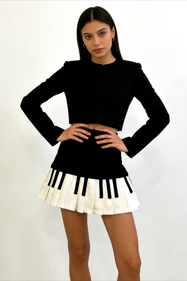 Retro Black White Piano Pleated High Waist Slim Skirt Main image
