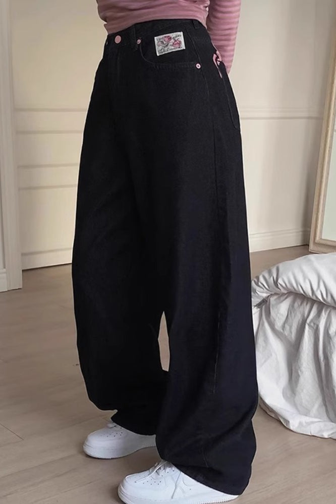 Black Embroidery Letter Print High Waist Jeans Secondary image