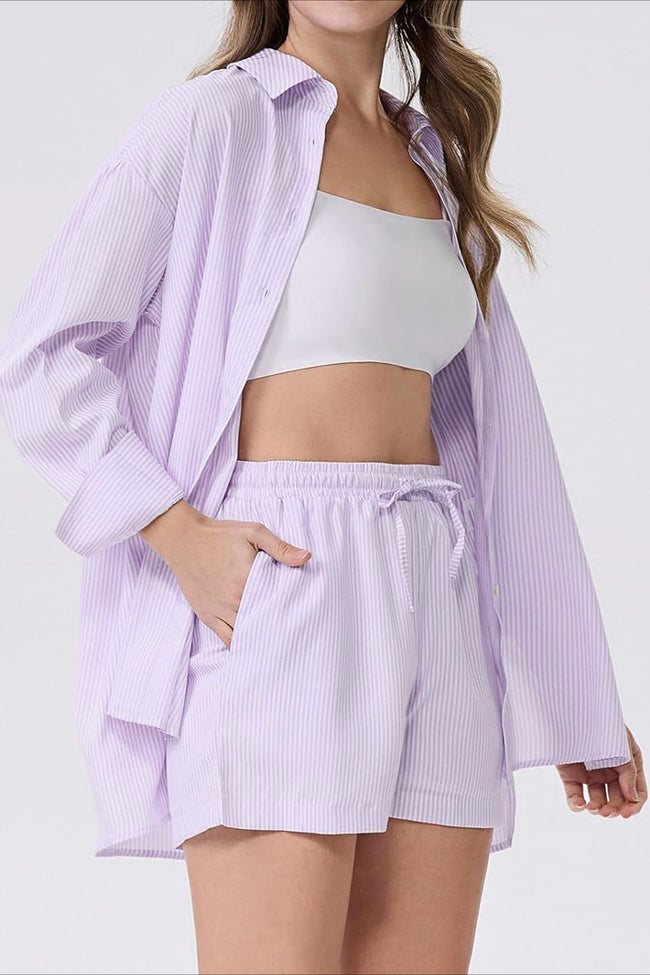 Striped Lapel Long Sleeve Blouse Shorts Set Main image