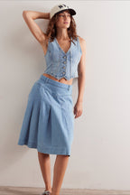 Fitted V Neck Button Denim Vest Tank Top