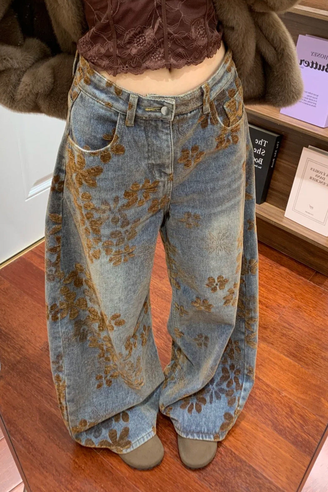Vintage Jacquard High Rise Curved Jeans