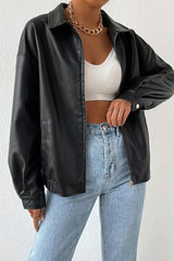 Solid Color Leather Look Jacket