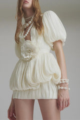 High Waist Ruched 3D Floral Mini Dress