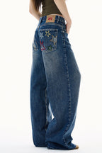 Plus Size Colorful Embroidered Loose Straight Leg Jeans