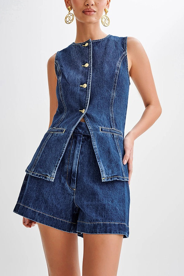 Casual High Waist Vest Denim Shorts Set Main image