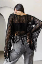 Knit Hollow Out Fringe Hem Chic Cover Up