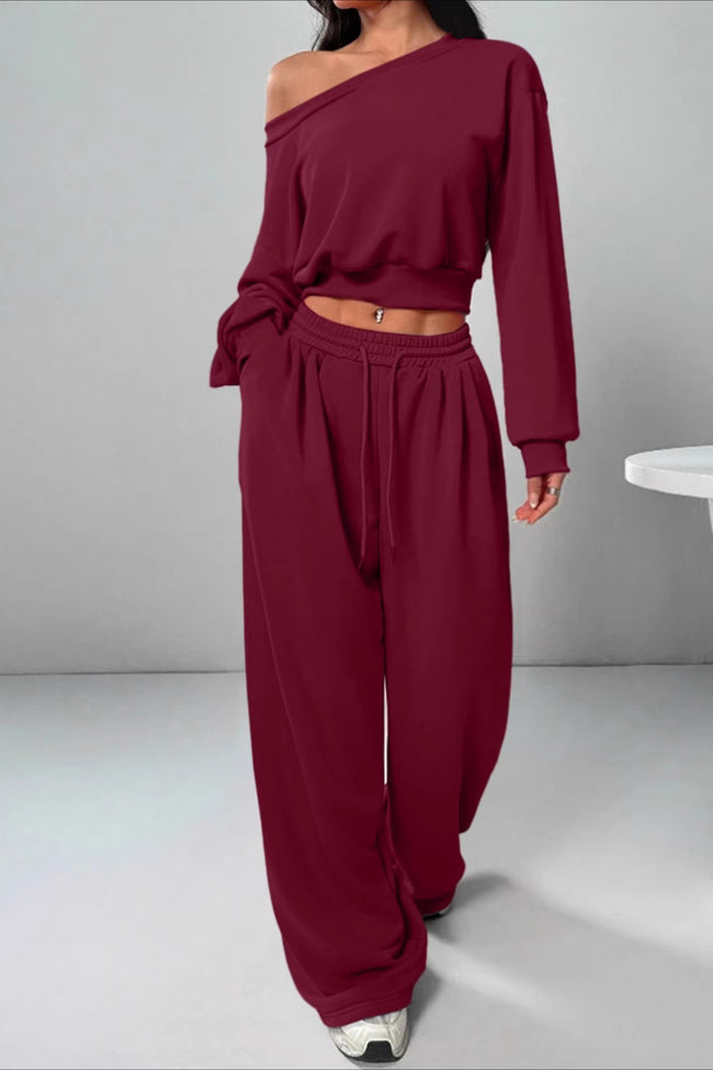 Casual Ribbed Off Shoulder Crop Sweatshirt Pants Set Main image