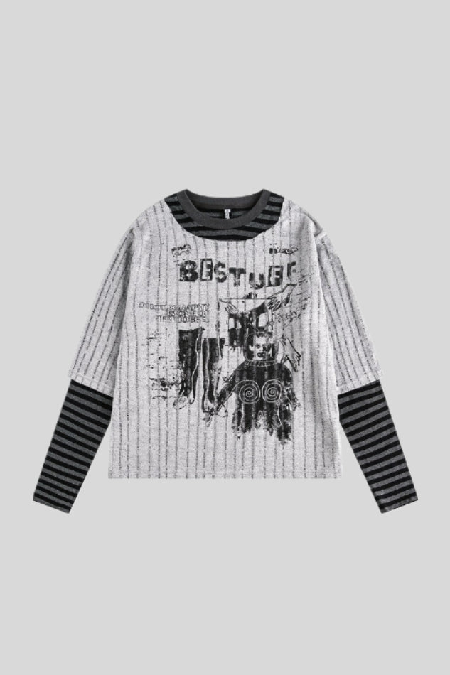 Distressed Collage Graphic Striped Layered Tee Main image