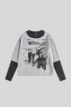 Distressed Collage Graphic Striped Layered Tee