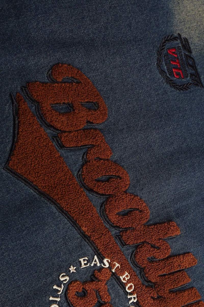 Washed Denim Embroidered V Neck Varsity Sweatshirt