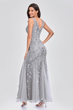V Neck Sheer Embroidered Sequin Sexy Prom Dress