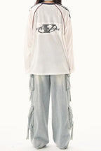 V Neck Graphic Print Oversized Raglan Long Sleeve Tee