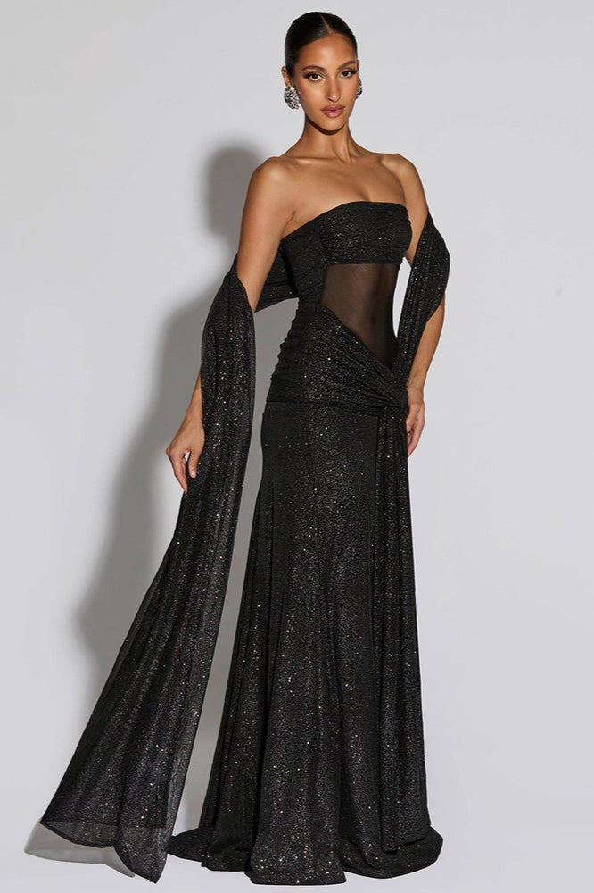 Metallic Mesh Scarf Strapless Formal Dress