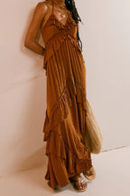 Solid Backless Ruffle Patchwork Boho Dress