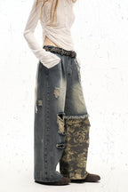 Camo Panel Distressed Wide Leg Jeans