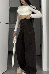 Retro Rhinestone High Waist Wide Leg Jeans